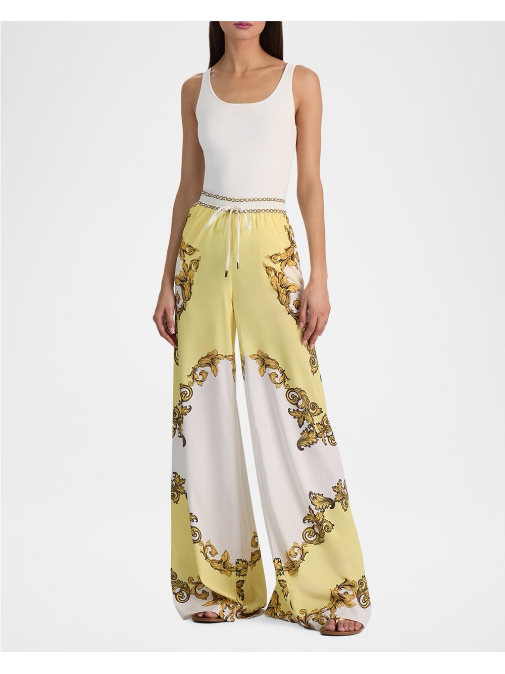Alice + Olivia Yellow & White Baroque Wide-Leg Pants